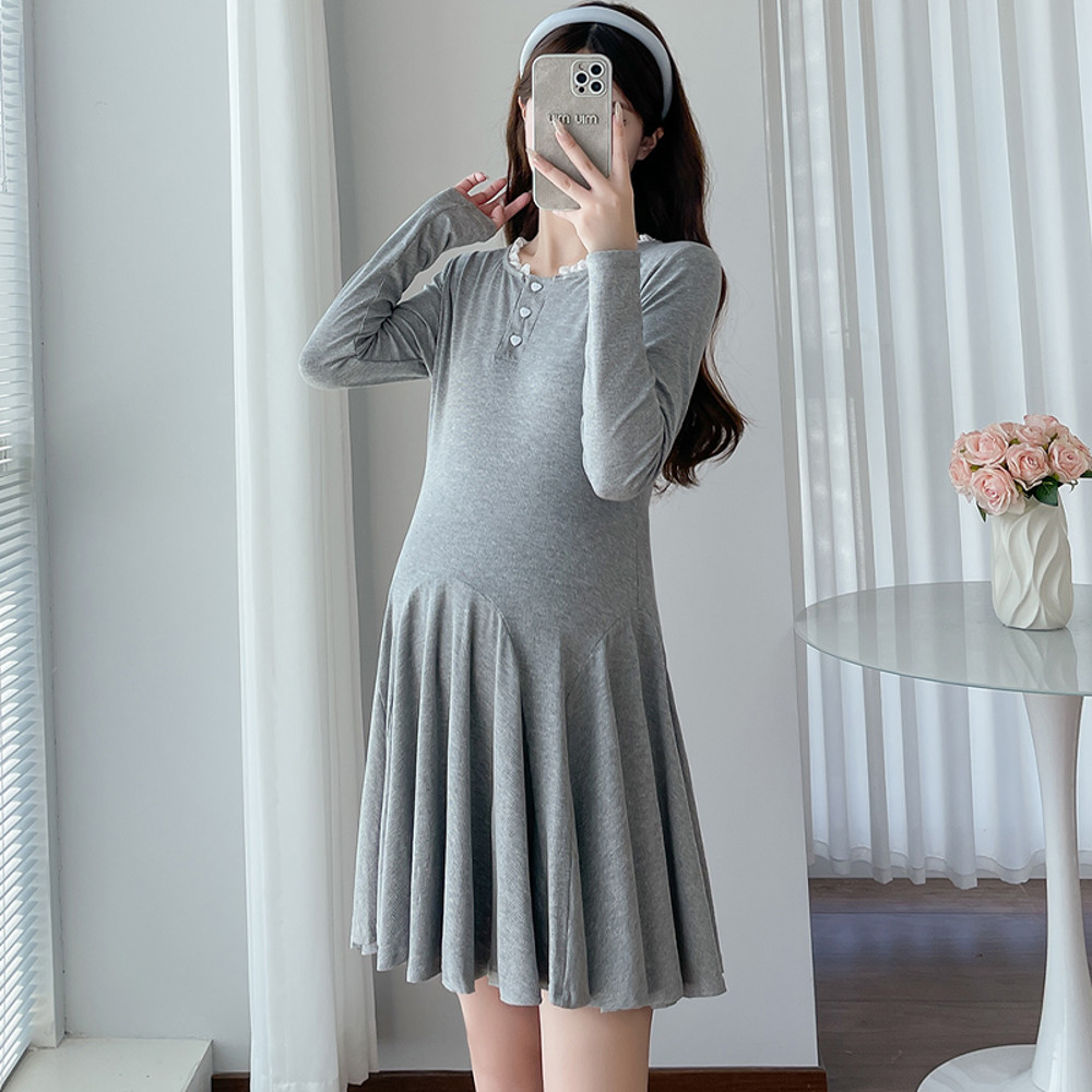 Elegant Korean Style Maternity Dress, A-Line Pleated Design Long Sleeve Lace Pregnant Dress for Women