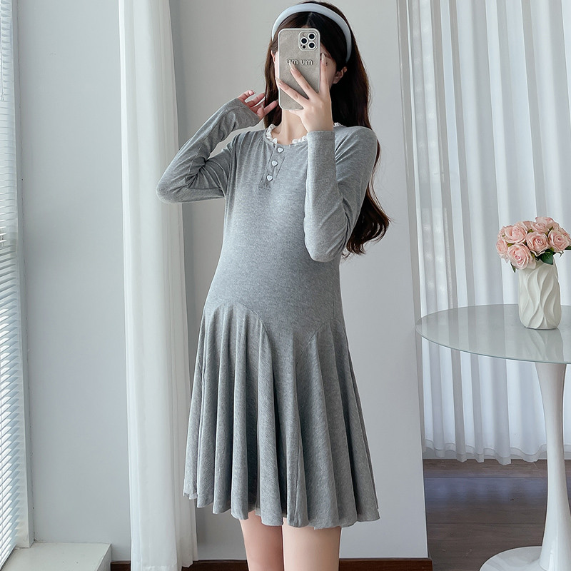 Elegant Korean Style Maternity Dress, A-Line Pleated Design Long Sleeve Lace Pregnant Dress for Women