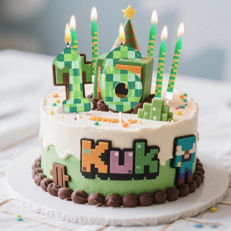 Green My World Candle Birthday Party Pixel Theme Video Game Party Decoration Cake Top Digital Candl 0