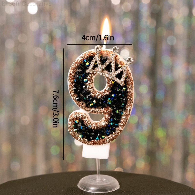 Luxury Black Diamond Crown Candle Number, Happy Birthday Cake Candles & Stylish Cake Topper Decoration for Wedding