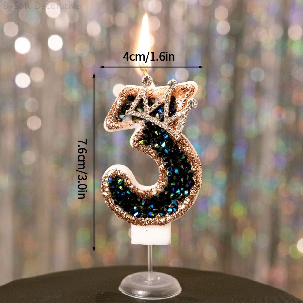 Luxury Black Diamond Crown Candle Number, Happy Birthday Cake Candles & Stylish Cake Topper Decoration for Wedding