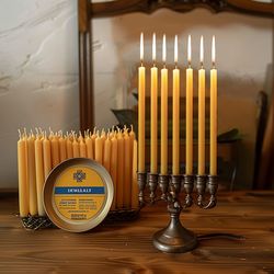 natural beeswax hanukkah candle set, thin taper honey chanukah candles for ritual, prayer, and birthday use, unscented