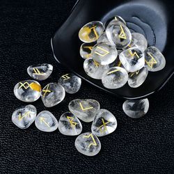 clear quartz crystal runes stones, natural agate divination rune set for fortune-telling, reiki healing, meditation