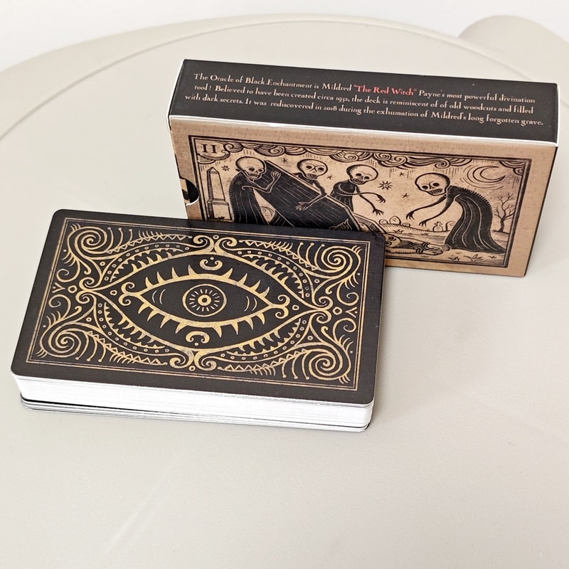 Oracle of Black Enchantment by Mildred Payne, Black Line Imagery Woodblock Oracle Cards Divination & Tarot Deck