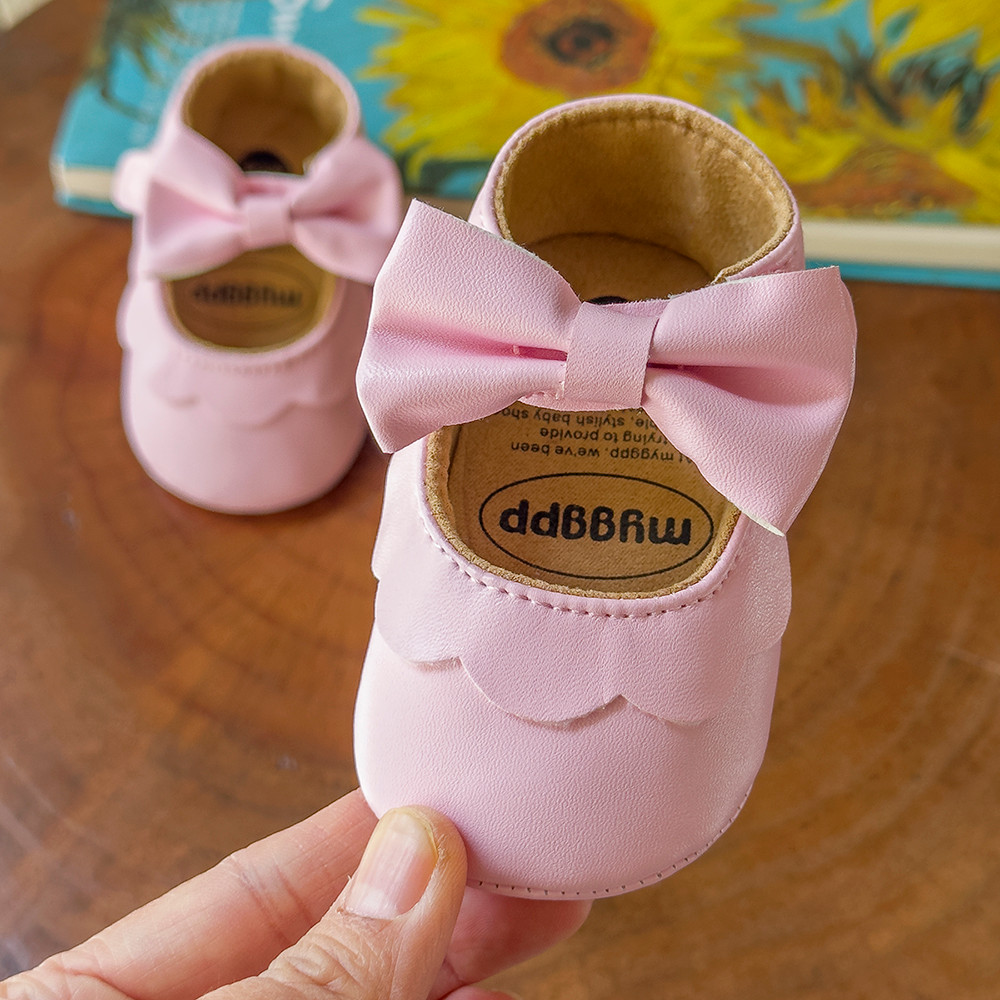 Baby Casual Shoes Infant Toddler Bowknot Non-slip Rubber Soft-Sole Flat PU First Walker Mary Janes with Bow Decor
