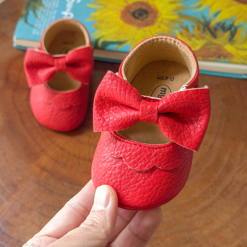 Baby Casual Shoes Infant Toddler Bowknot Non-slip Rubber Soft-Sole Flat PU First Walker Mary Janes with Bow Decor