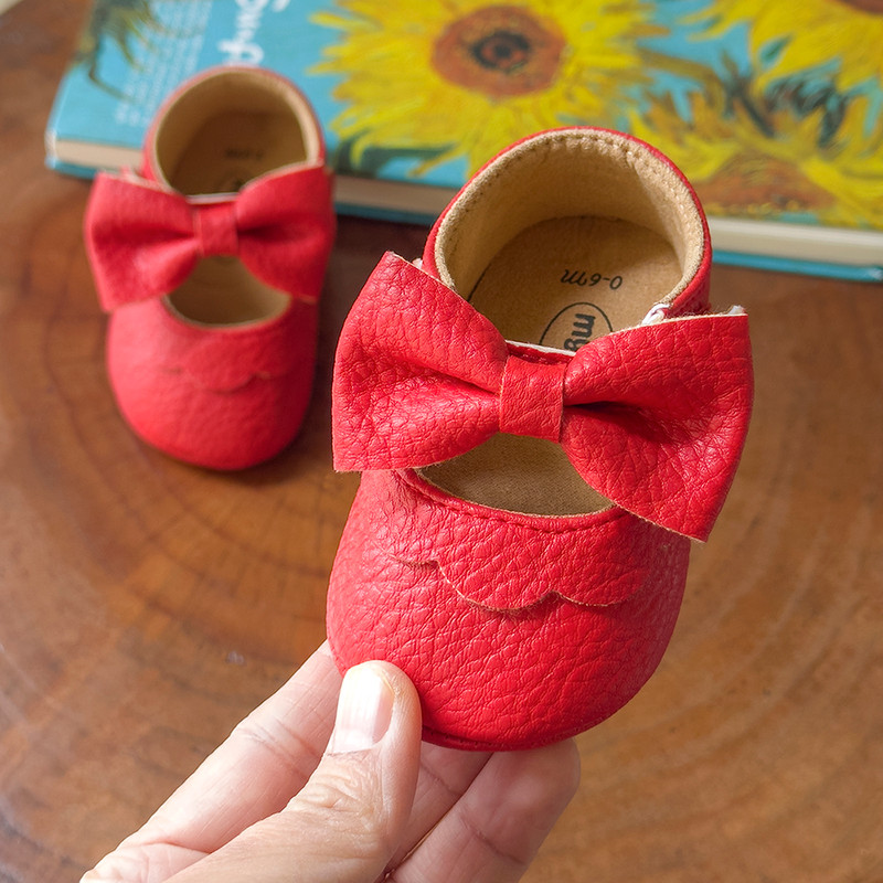 Baby Casual Shoes Infant Toddler Bowknot Non-slip Rubber Soft-Sole Flat PU First Walker Mary Janes with Bow Decor