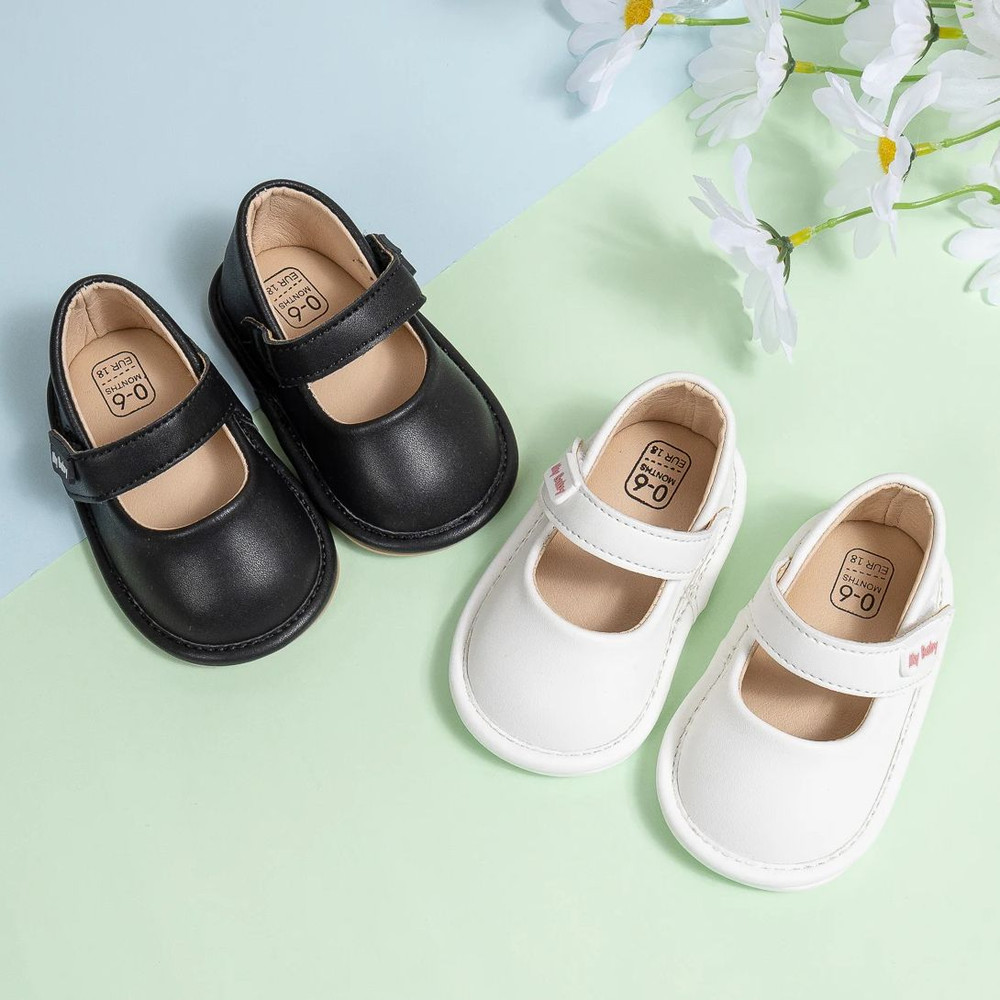 Infant Girls Black Leather Baby Shoes, Non-Slip First Walker Crib Shoes, Princess Dress Shoes, Ballet Flats