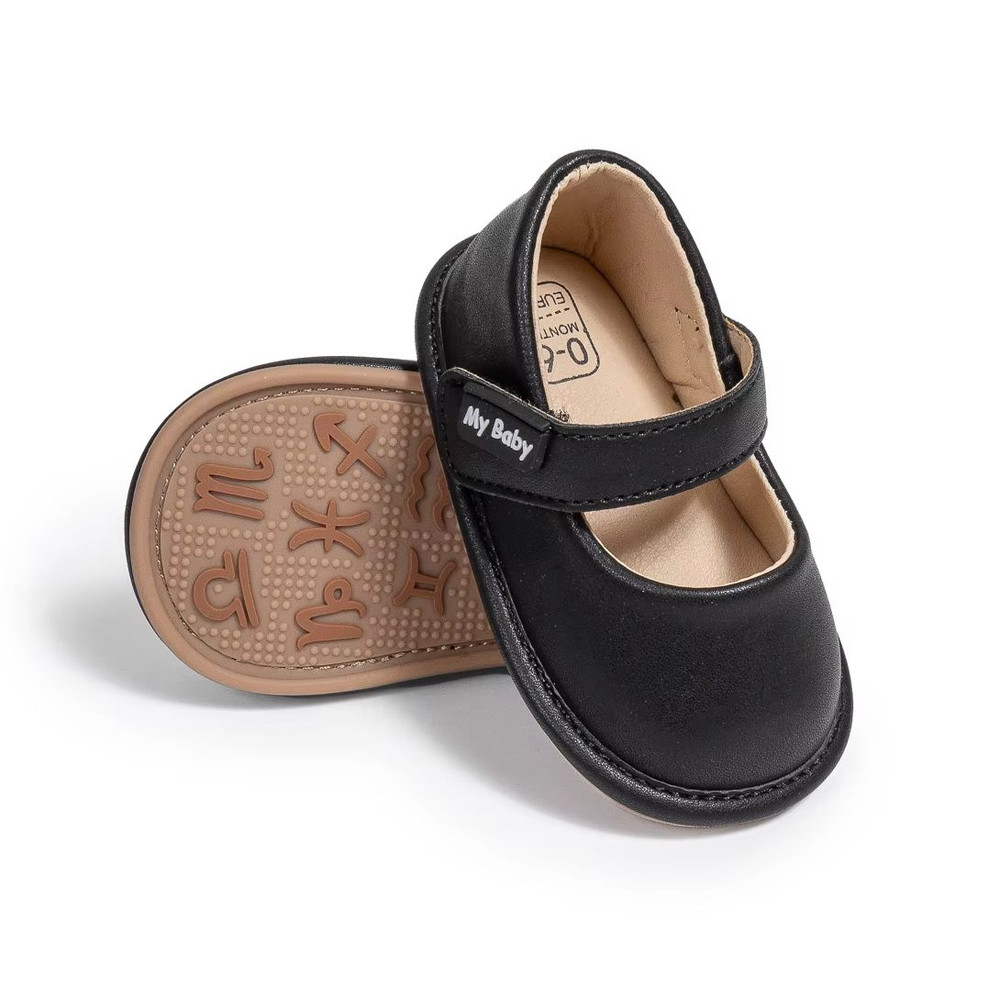 Infant Girls Black Leather Baby Shoes, Non-Slip First Walker Crib Shoes, Princess Dress Shoes, Ballet Flats