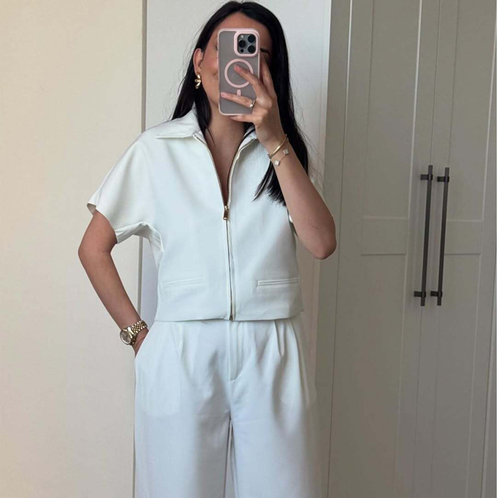 2025 Trendy Cropped Jacket for Women, Short Sleeve Varsity Jacket, Casual Zipper Outerwear, Holiday and Casual Womens