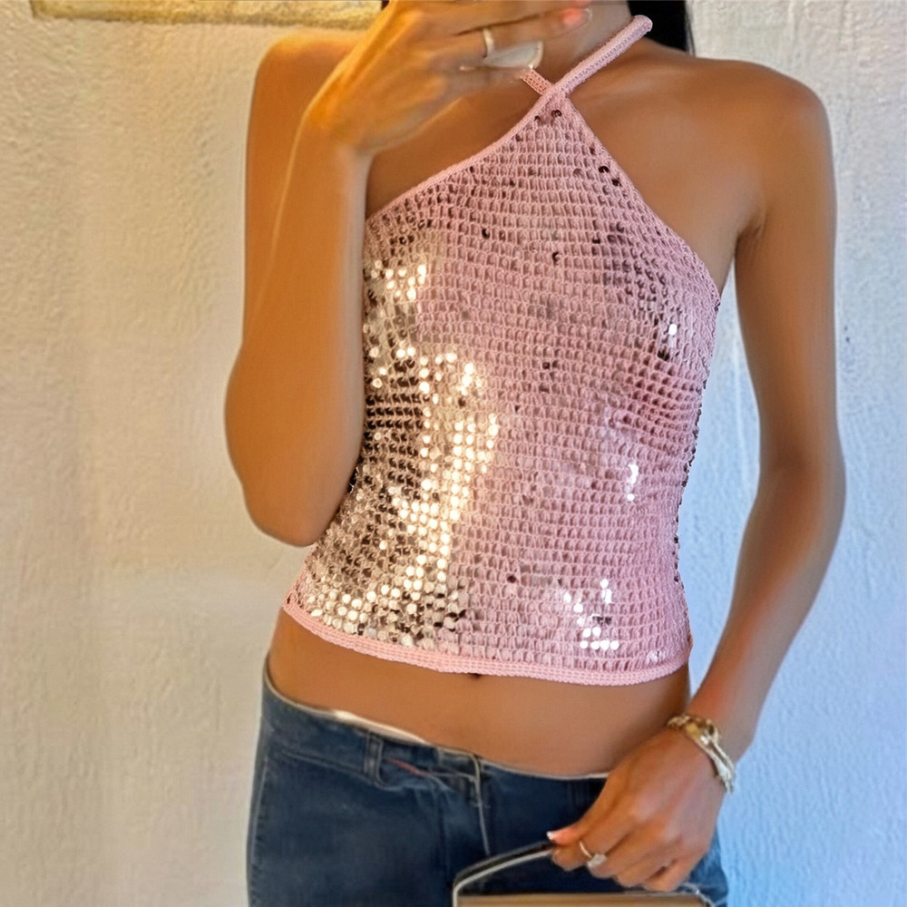 Sparkly Sequin Crop Top, Women Summer Beach Cover Up, Glitter Knitted Camisole for Festival, Boho Y2K Top