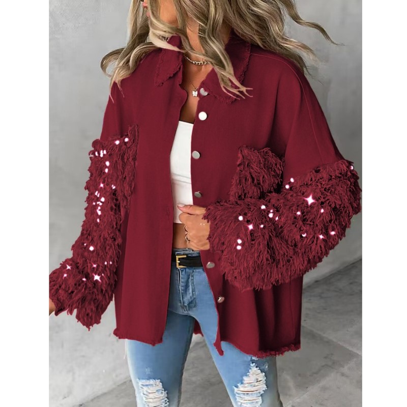 Womens Sequin Shacket Jacket Colorblock Top With Raw Hem Turn Down Collar Coat For Spring Autumn 0