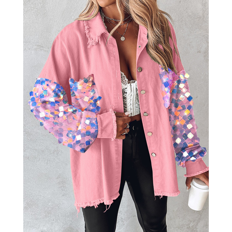 Womens Sequin Shacket Jacket Colorblock Top With Raw Hem Turn Down Collar Coat For Spring Autumn 1