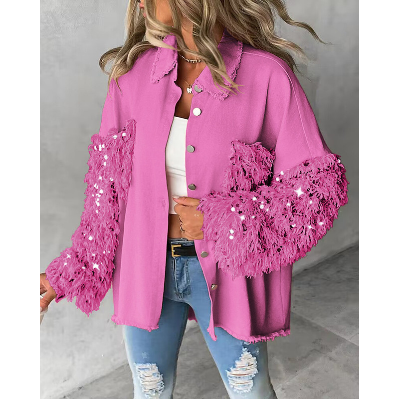 Womens Sequin Shacket Jacket Colorblock Top With Raw Hem Turn Down Collar Coat For Spring Autumn 6
