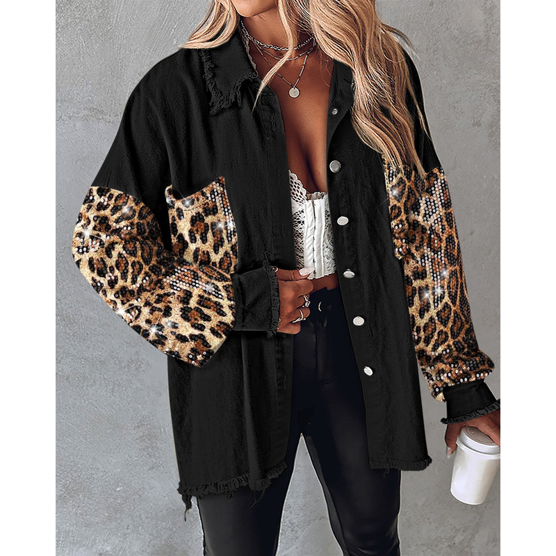 Womens Sequin Shacket Jacket Colorblock Top With Raw Hem Turn Down Collar Coat For Spring Autumn 7