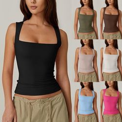 women's y2k pink goth tank top, 2025 summer sleeveless crop top, square neck double layer tight fit tee