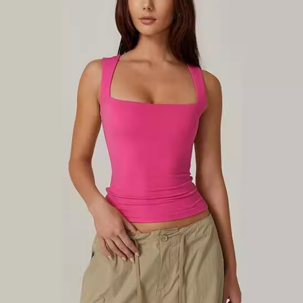 Womens Y2K Pink Goth Tank Top 2025 Summer Sleeveless Crop Top Square Neck Double Layer Tight Fit Te 7