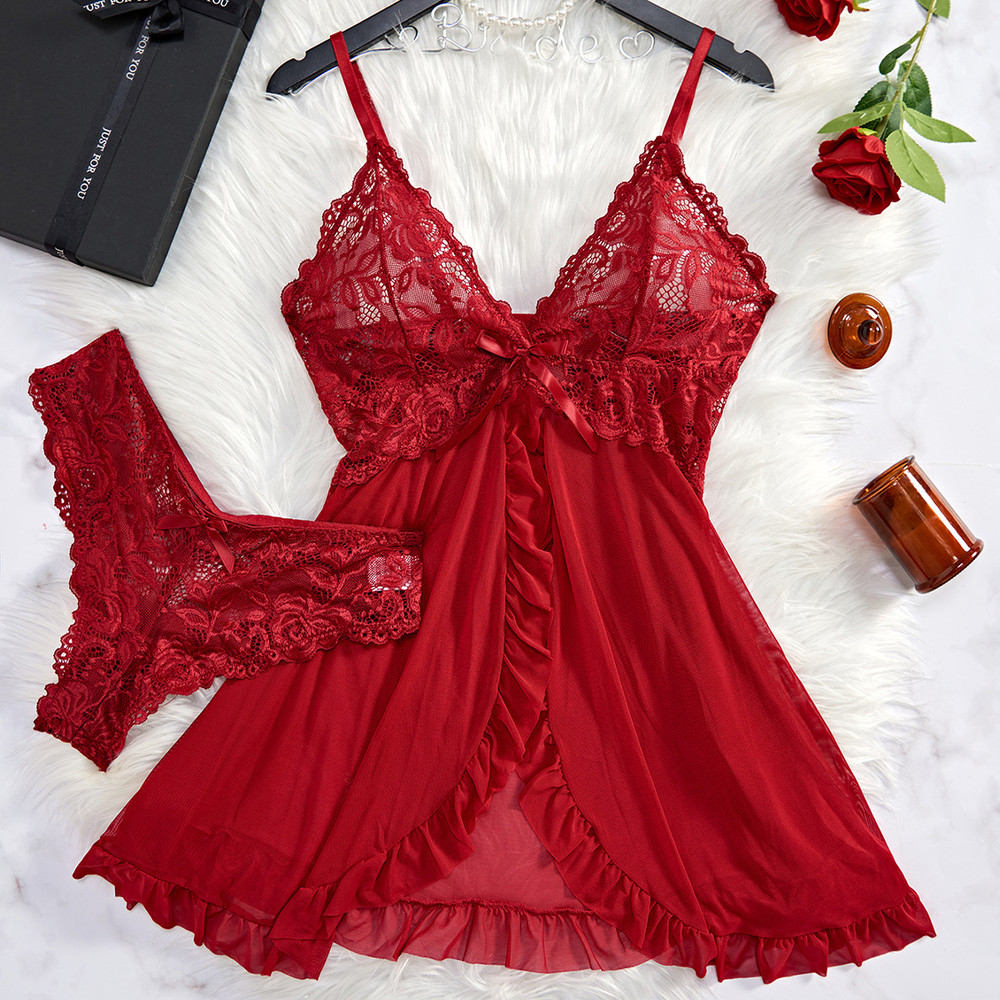Red Sling Lingerie Set, Sexy Santa Nightwear for Women, featuring a See Through Lace Nightdress and Panty