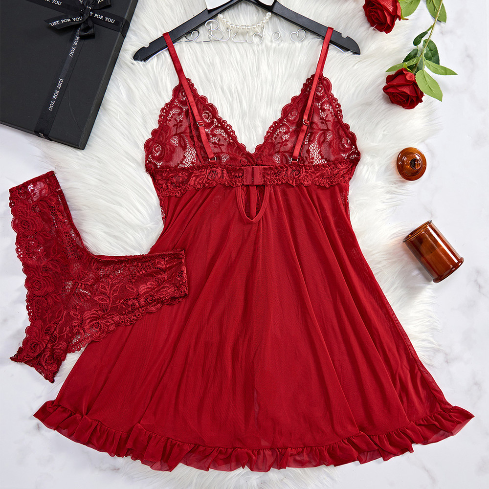Red Sling Lingerie Set, Sexy Santa Nightwear for Women, featuring a See Through Lace Nightdress and Panty