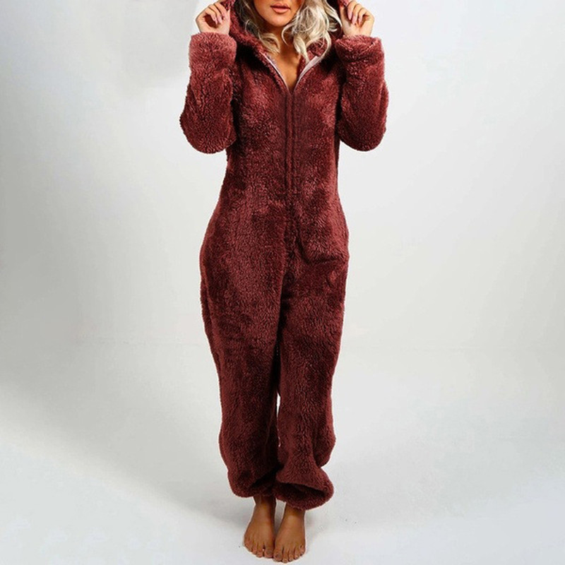 Cozy Womens Plush Romper Pajamas, Winter Flannel Sleepwear with Hat, Long Sleeve Zipper Homewear for Ultimate Warmth