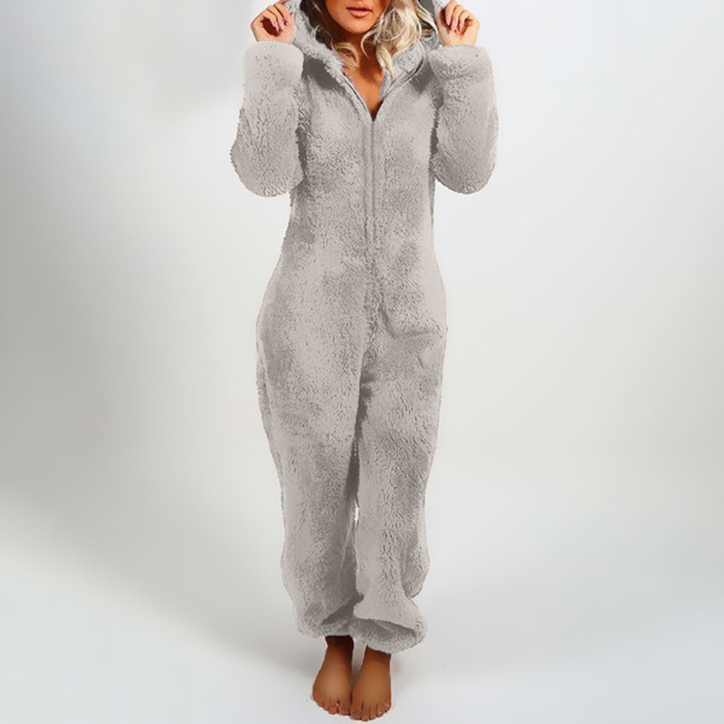 Cozy Womens Plush Romper Pajamas, Winter Flannel Sleepwear with Hat, Long Sleeve Zipper Homewear for Ultimate Warmth