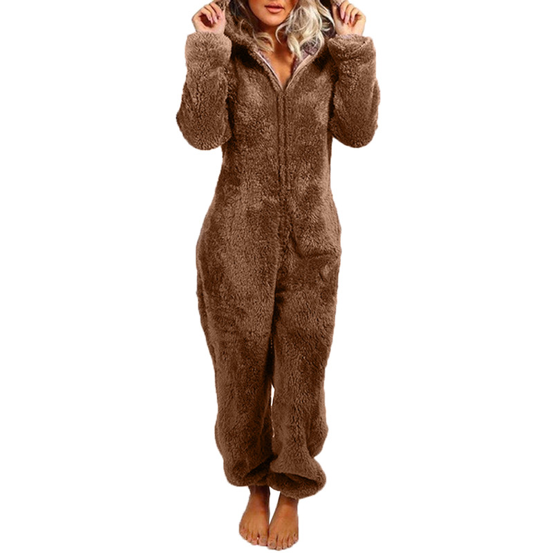 Cozy Womens Plush Romper Pajamas, Winter Flannel Sleepwear with Hat, Long Sleeve Zipper Homewear for Ultimate Warmth