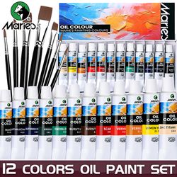 marie's oil paint kit, 19 piece set with 12 vibrant colors, 7 brushes, ideal oil painting set for beginners and crafters