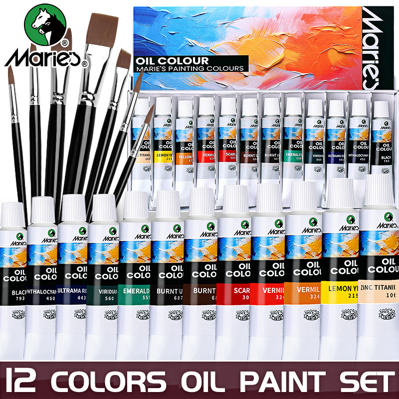 Marie's Oil Paint Kit, 19 Piece Set with 12 Vibrant Colors, 7 Brushes, Ideal Oil Painting Set for Beginners and Crafters