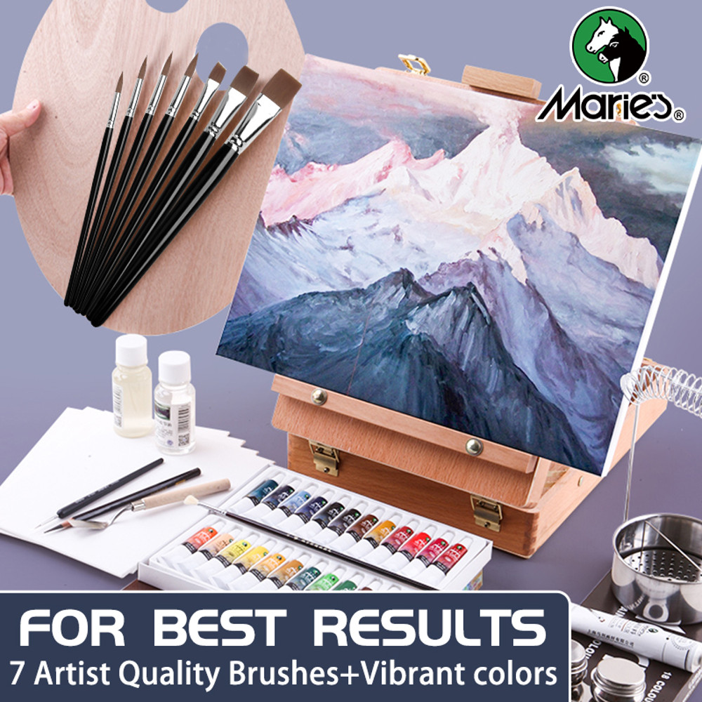 Marie's Oil Paint Kit, 19 Piece Set with 12 Vibrant Colors, 7 Brushes, Ideal Oil Painting Set for Beginners and Crafters