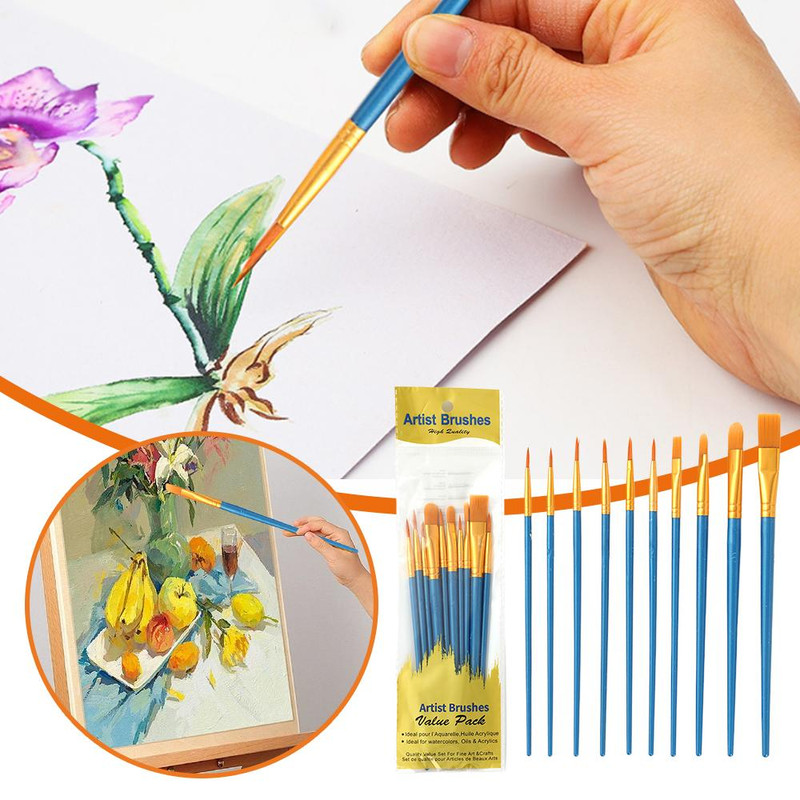 10Pcs Artist Paint Brush Set Multi Functional Nylon Hair Brushes For Watercolor Gouache Oil And Acr 2