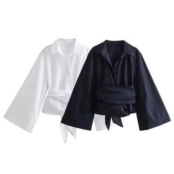 new women's fashion poplin shirt, short sleeve polo neck top, casual double breasted style with bow tie