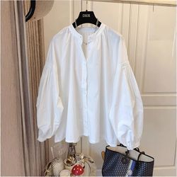 chic stand collar shirt, women's casual loose design button up top with retro lantern sleeves