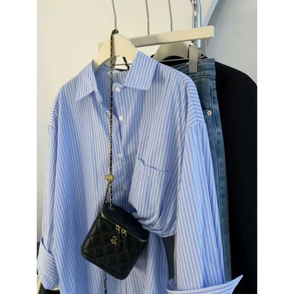 French Vintage Retro Shirt, Lazy Sle Blue Striped Blouse, Womens Long Sleeve Oversized Top for Spring and Autumn