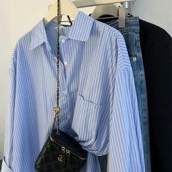 french vintage retro shirt, lazy sle blue striped blouse, womens long sleeve oversized top for spring and autumn