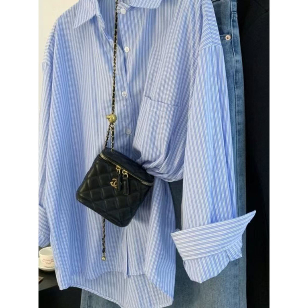 French Vintage Retro Shirt, Lazy Sle Blue Striped Blouse, Womens Long Sleeve Oversized Top for Spring and Autumn