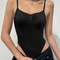Sweetown Womens Bodysuit, Sleeveless Shirring Camisole, Skinny Spaghetti Strap Top, Black Solid Basic for Vacation