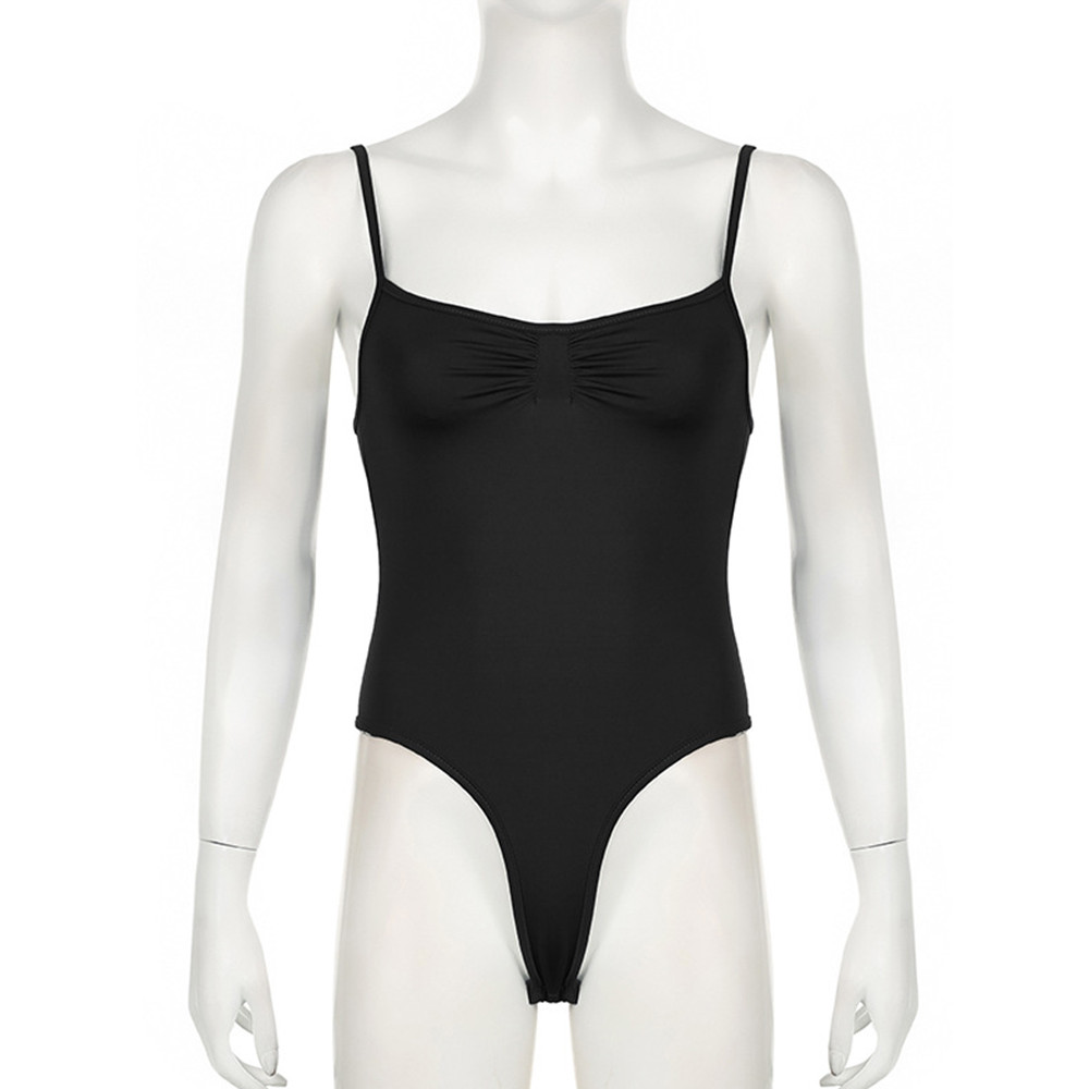 Sweetown Womens Bodysuit, Sleeveless Shirring Camisole, Skinny Spaghetti Strap Top, Black Solid Basic for Vacation