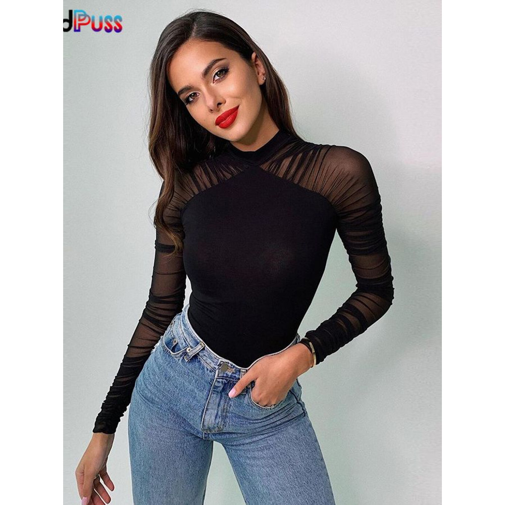 Weird Puss 2025 Collection Sexy Mesh Patchwork Bodysuit Ruched Turtleneck Top Elegant Wild Streetwe 4