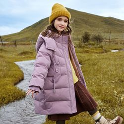 winter long down jacket for girls, thick warm hooded parka, outerwear coat for kids 5-12 years