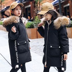 warm thicken winter jacket for girls, fashion parka overcoat with fur collar, hooded long coat, for teens 4-13 years