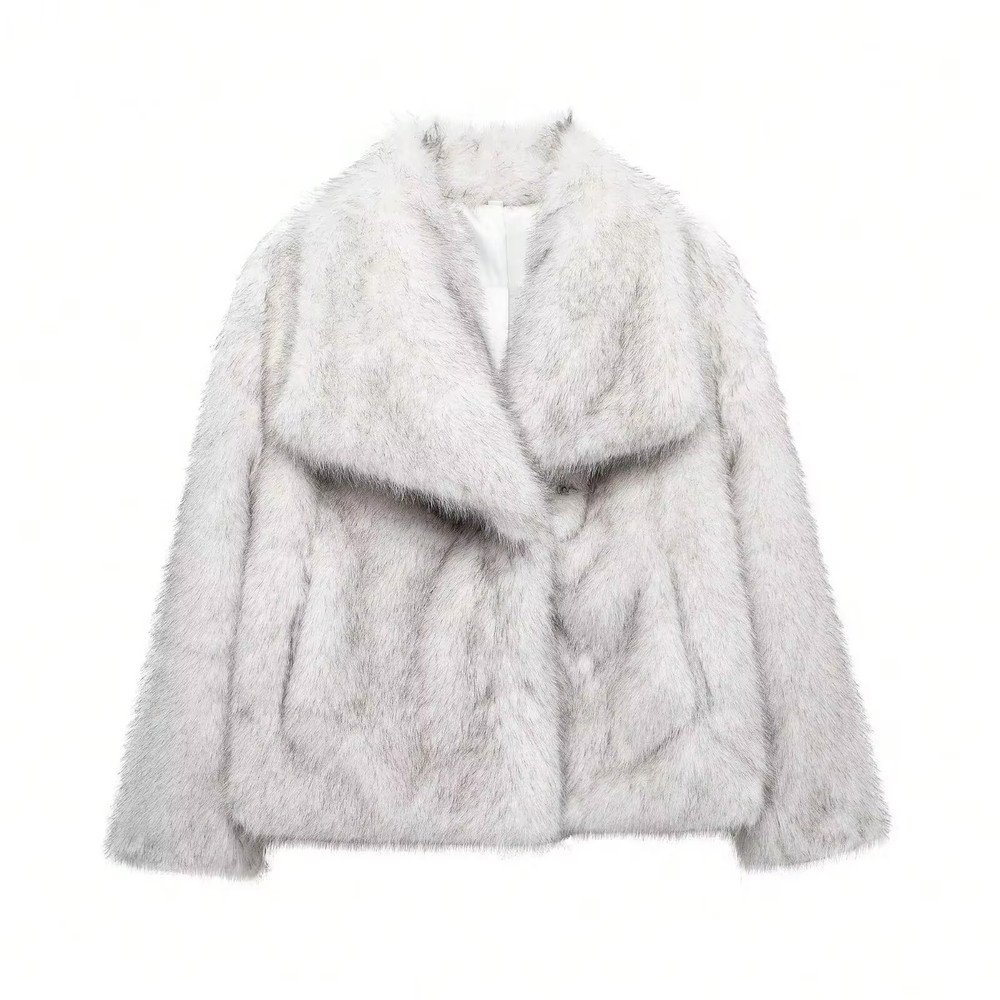 Elegant Women's Faux Fur Coat, Warm Fluffy Jacket, Long Sleeve Lapel Outerwear, Loose High Street Fashion for Autumn