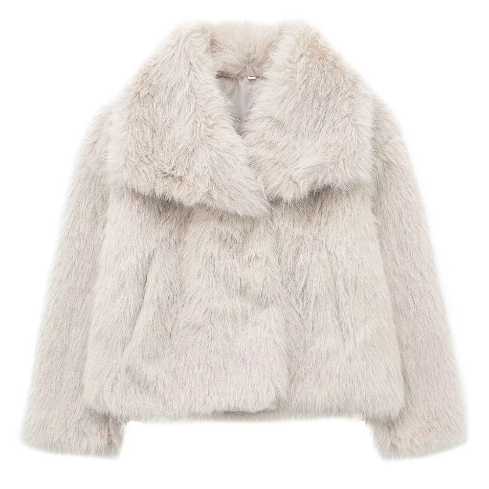 Elegant Women's Faux Fur Coat, Warm Fluffy Jacket, Long Sleeve Lapel Outerwear, Loose High Street Fashion for Autumn