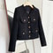 Elegant Socialite Black Tweed Cropped Jacket, Thin Spring Autumn Top, New Long Sleeve Crew Neck