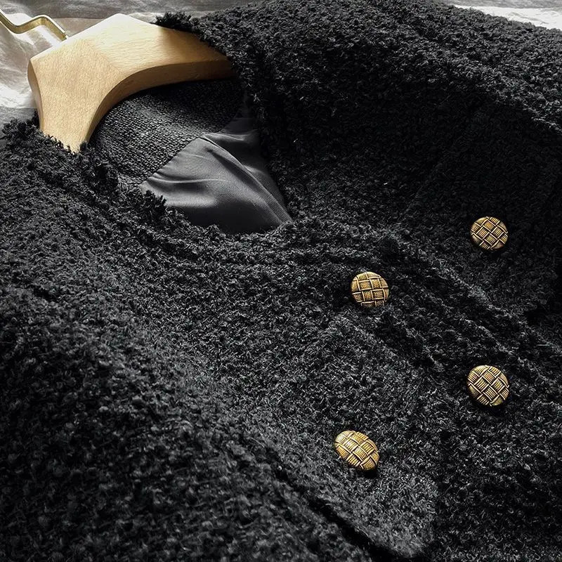 Elegant Socialite Black Tweed Cropped Jacket, Thin Spring Autumn Top, New Long Sleeve Crew Neck