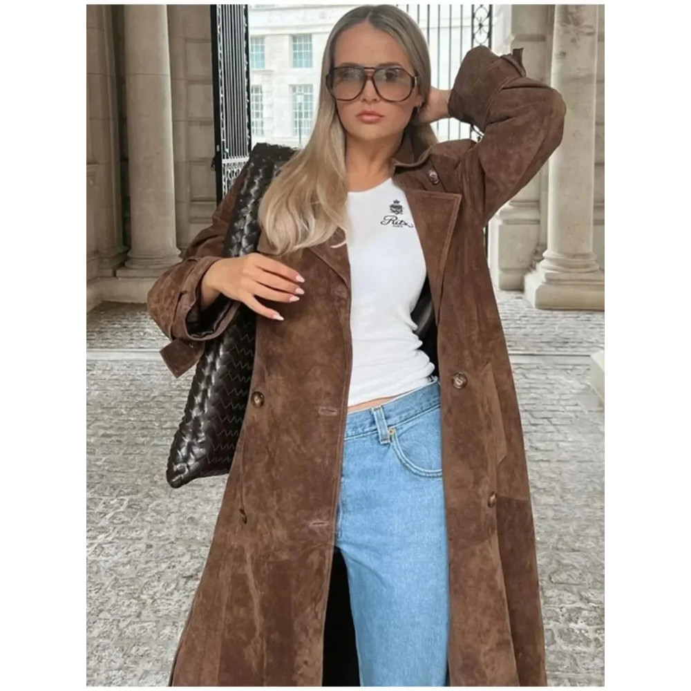 Womens Brown Imitation Deer Fur Coat Chic Lapel Double Breasted Long Sleeve Windbreaker High Street 0