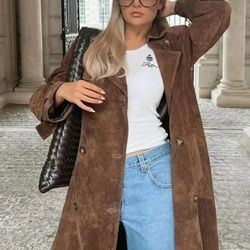 womens brown imitation deer fur coat, chic lapel, double breasted long sleeve windbreaker, high street autumn outwear