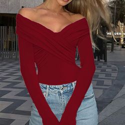 spring red women's bodysuit, sexy backless corset top, slim fashion long sleeve romper