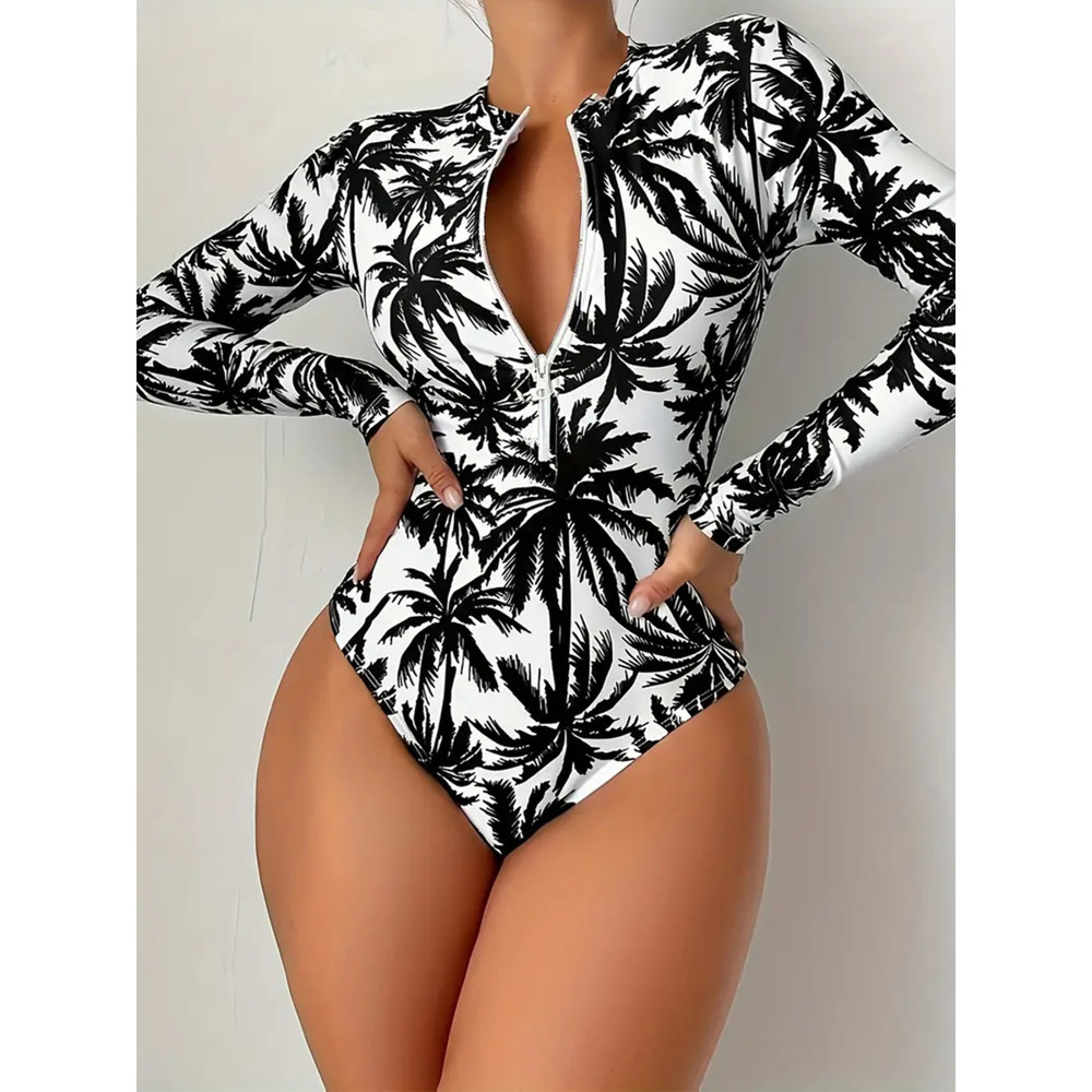 Womens Palm Tree Print Swimsuit Sexy Long Sleeve Bikini Set High Stretch Swimwear Black And White B 0