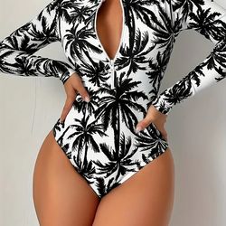 womens palm tree print swimsuit, sexy long sleeve bikini set, high stretch swimwear, black and white beach fashion