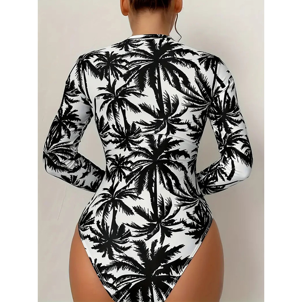 Womens Palm Tree Print Swimsuit Sexy Long Sleeve Bikini Set High Stretch Swimwear Black And White B 1